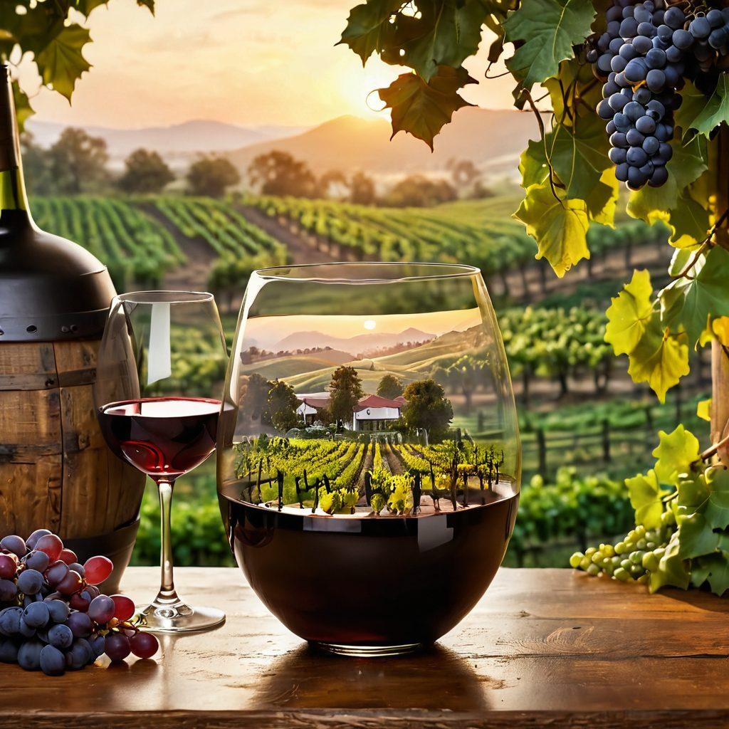 A beautifully arranged wine glass filled with a rich red wine, surrounded by lush grapevines and ancient family heirlooms like an old wine barrel and a photo of ancestors. Soft warm lighting enhances the inviting atmosphere, while a light mist swirls around, symbolizing the blend of joy and nostalgia. The background features rolling vineyards under a golden sunset. super-realistic. warm colors. vibrant textures.