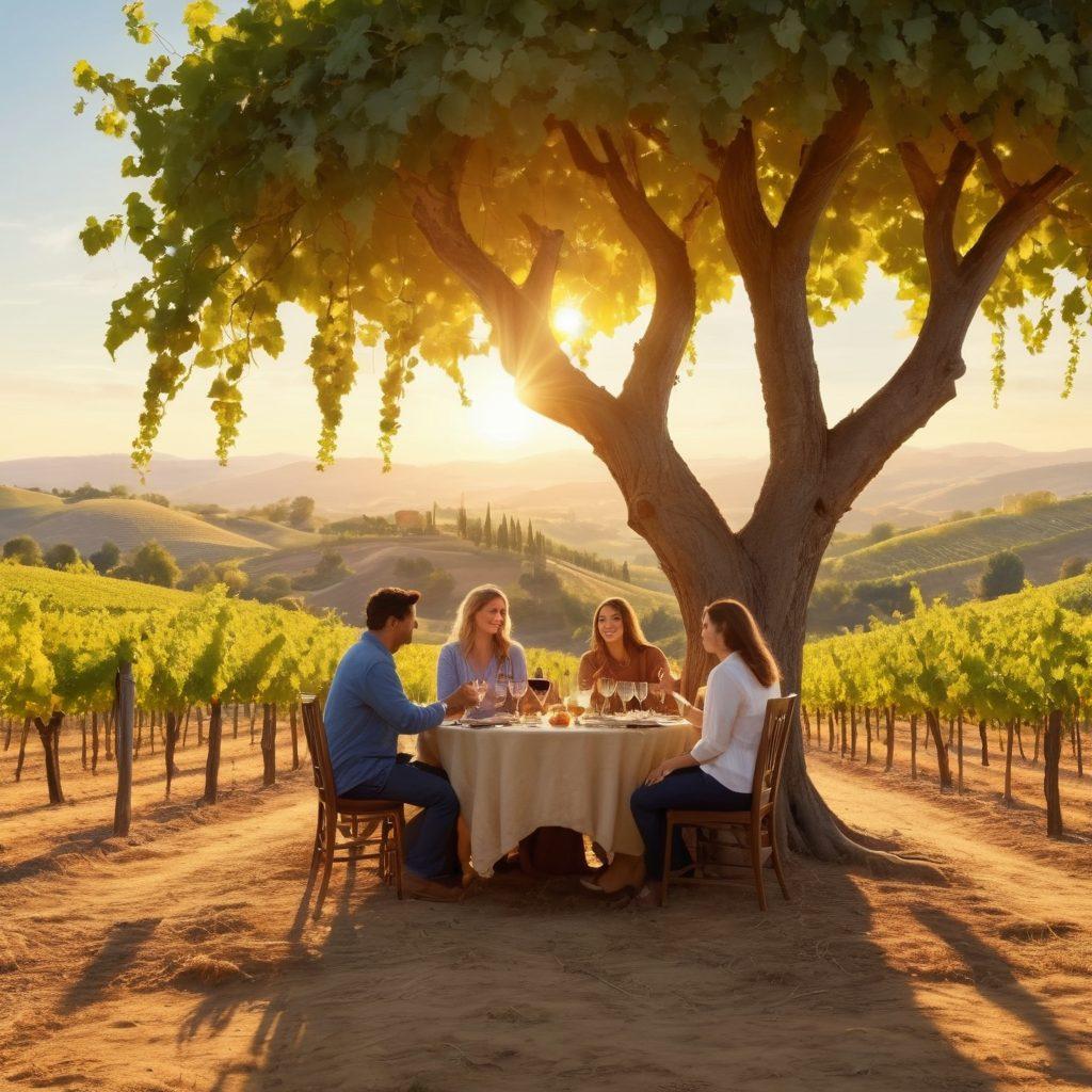 A serene vineyard with rolling hills in the background, where a cheerful group of diverse people are tasting wine, a family tree elegantly displayed in the foreground, intertwining grapevines and roots symbolizing ancestry, soft golden light of sunset casting a warm glow. super-realistic. vibrant colors.