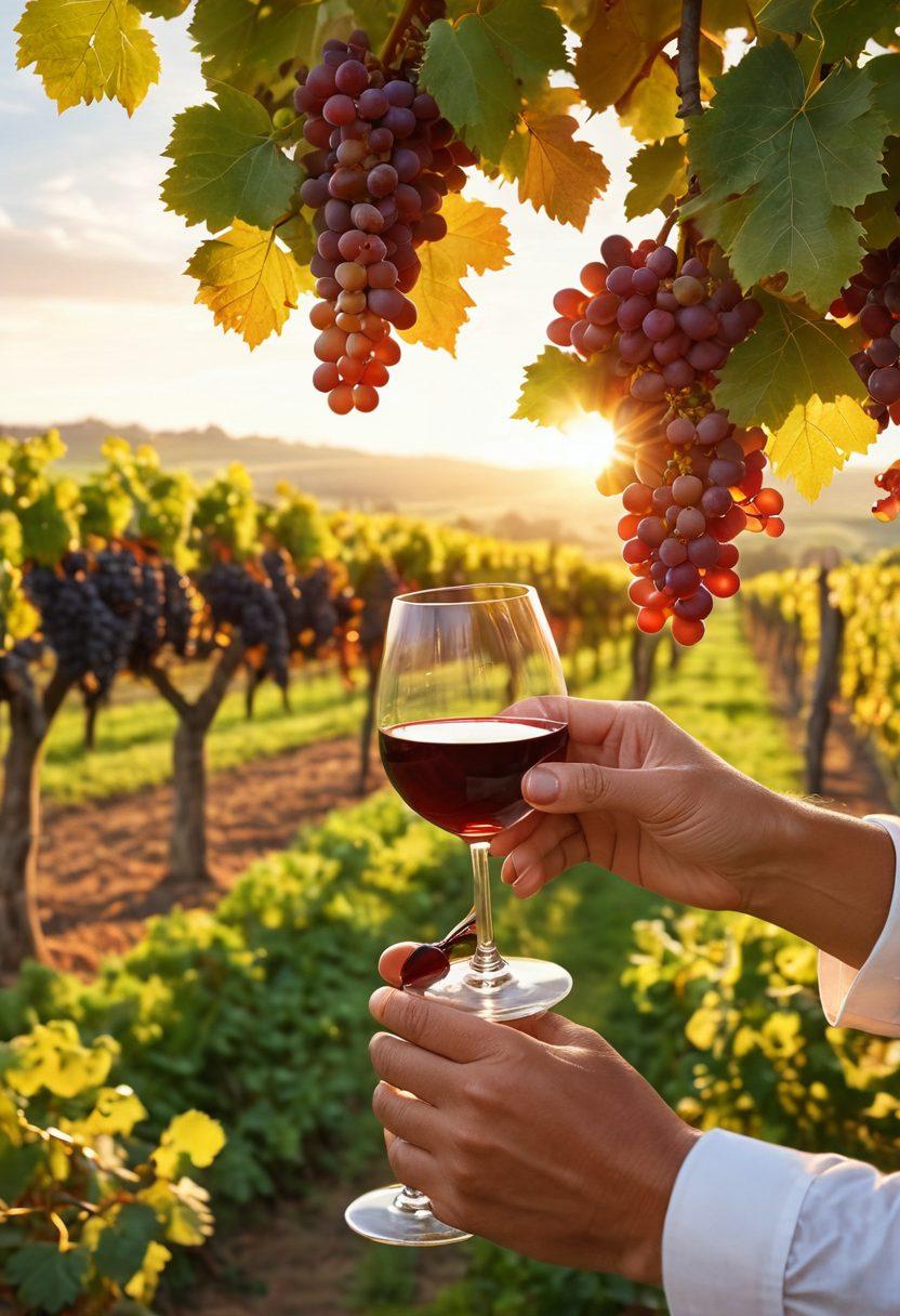 A beautiful vineyard landscape with rich, ripe grapes hanging from vines under the golden sunset, reflecting a sense of heritage and connection. Include hands gently holding a wine glass filled with deep red wine, symbolizing the journey from grape to glass. In the background, show an ancestral tree with roots intertwining with the vines, emphasizing the connection between viniculture and ancestry. lush greenery, warm hues. super-realistic. vibrant colors. 3D.
